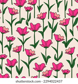 cute pink flowers with green leaves seamless vector pattern background illustration