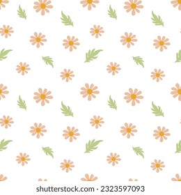 Cute pink flowers and green leaves seamless pattern, boho floral background. Simple botanical vector illustration.