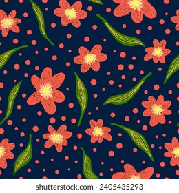 Cute pink flowers with leaves and dots on a blue background. Hand drawn with pencil texture. Vector Seamless pattern.