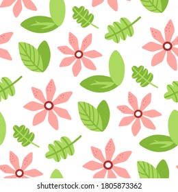 Cute pink flowers and leaves pattern. Hand drawn vector illustration isolated on white. Flowers backdrop.