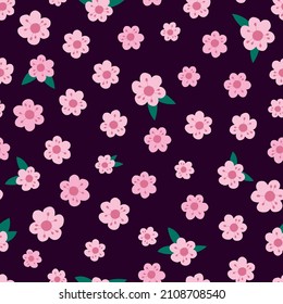 Cute pink flowers seamless pattern. Vector endless dark red background with Sakura blossom. Spring design with flat floral elements