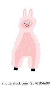 Cute pink fluffy alpaca character with long ears, happy expression and black hooves.