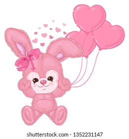 Cute pink fluffy bunny with heart balloons. Children's character. 