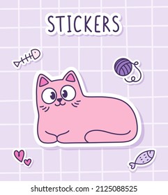 A cute pink fluffy cat is lying down. Sticker of a cat with toys on a checkered background. Label Sticker. Vector illustration