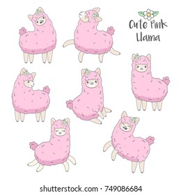 Cute pink fluffy llama (alpaca) in different poses. Funny smiling animal jump, run, walk, sit and stand.