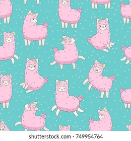 Cute pink fluffy llama (alpaca) run, jump, smile seamless pattern on blue. 