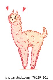 Cute pink fluffy  llama (alpaca). Isolated cartoon character vector illustration. 