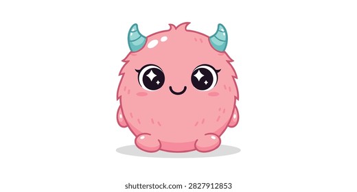 A cute pink fluffy monster character with sparkling eyes and small horns, designed in a simple vector cartoon style on a white background.