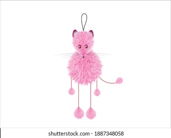 A cute pink fluffy mouse-like animal with a hanging loop. Vector drawing of mouse  - toys for cats, other.