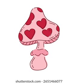 Cute pink fly agaric mushroom with red hearts in a coquette aesthetic for Valentine's Day. Doodle vector illustration for decor. Trendy ideas for stickers for invitations, diary and scrapbook.