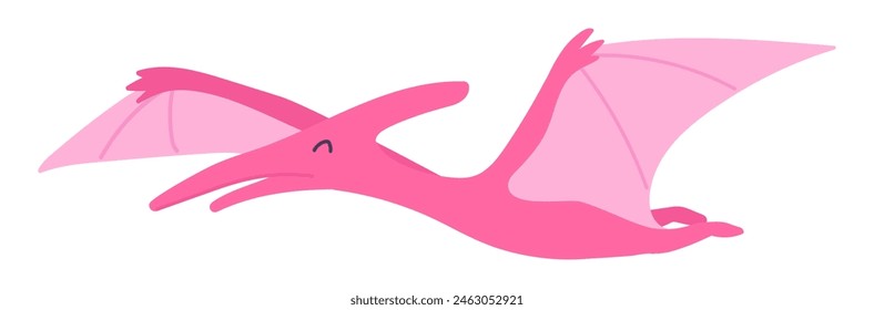 Cute pink flying dinosaur in flat design. Funny pterodactyl with wings. Vector illustration isolated.