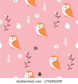 Cute pink fox forest floral pattern.