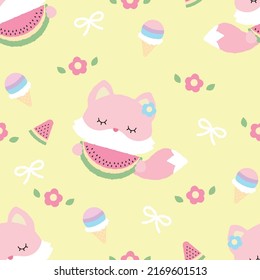 Cute pink fox hold the watermelon seamless pattern on yellow background decorate with flower and ice cream.