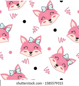 Cute pink fox pattern with dot and line Vector background, good for fabric, print and other uses.