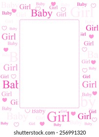 Cute pink frame / border with baby girl text and hearts