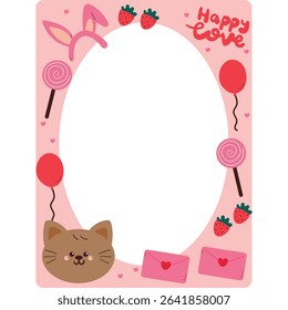 cute pink frame with drawing cartoon valentine stuff. valentine doodle, object, hand drawing illustration