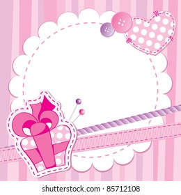 cute pink frame with gift box, buttons and patches