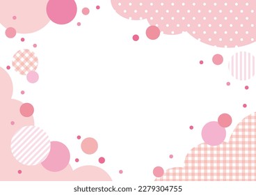 Cute pink frame illustration with cloud-shaped border using check and other patterns and circles.