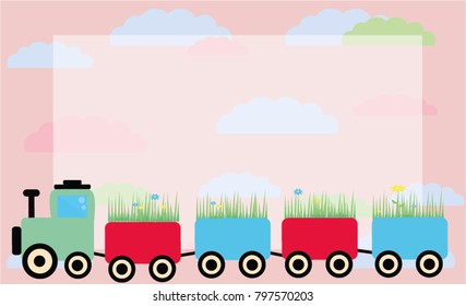 Cute pink frame with a toy train and clouds