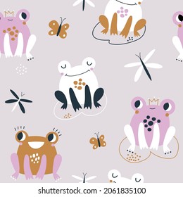 Cute pink frogs seamless pattern. Funny frog characters texture. Perfect for kids fabric, textile, wallpaper. Vector illustration
