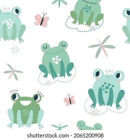 Cute pink frogs seamless pattern. Funny green frog characters texture. Perfect for kids fabric, textile, wallpaper. Vector illustration