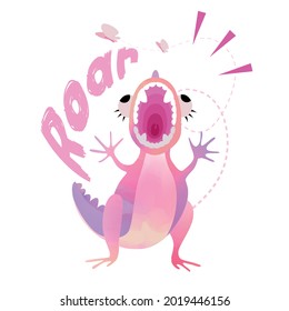 Cute pink funny Dinosaur girl with lettering Roar. Vector EPS 10.