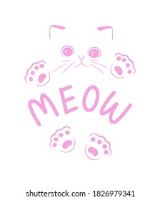 Cute pink funny kitten vector silhouette drawing illustration isolate on white background.Outline cartoon kawaii cat with meow text lettering,  fun paws.Sticker.T shirt print for kids. Plotter cutting