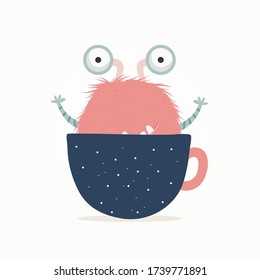 Cute pink furry monster in a cup. Vector illustration design.