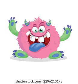 Cute pink furry monster. Happy Halloween mascot character. Best for kid parties designs, t-shirt and posters. Vector illustration.