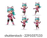 Cute pink gamer cosplay cyber hero cat glasses girl character mascot pose action collection set