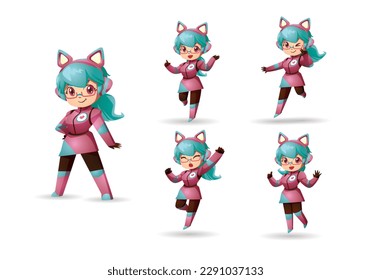 Cute pink gamer cosplay cyber hero cat glasses girl character mascot pose action collection set