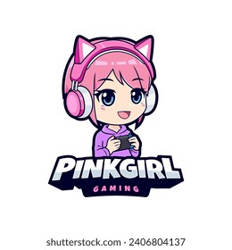 Cute pink gamer girl logo mascot vector graphic for streamer