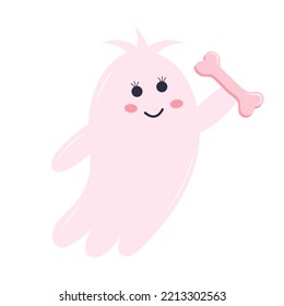 Cute pink ghost with a bone. Halloween character isolated on white background.