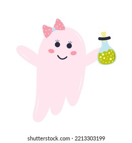 Cute pink ghost with a bottle of potion and hair bow. Halloween character isolated on white background.