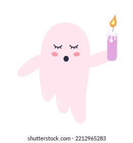 Cute Pink Ghost With A Candle. Halloween Funny Scary Character Isolated On White Background.