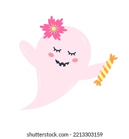 Cute pink ghost with candy and flower. Halloween character isolated on white background.