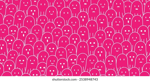 Lindo fantasma rosa doodle patrón de fondo sin fisuras con diferentes expresiones faciales, sonrisa, triste, decepcionado, feliz, riendo, sorprendido. Para halloween, horror, envoltura de regalo