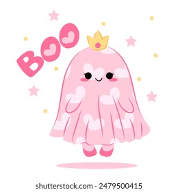 Cute pink ghost in flat style. Cartoon ghost wearing a princess crown on a white background. Halloween. Kid print.