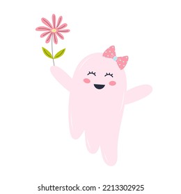 Cute pink ghost with a flower. Halloween character isolated on white background.