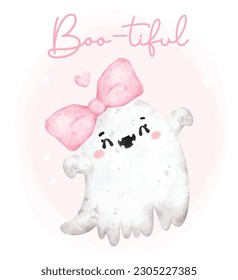 Cute Pink Ghost Halloween Cartoon Character Greeting Card, adorable hand-painted watercolor vector illustration.