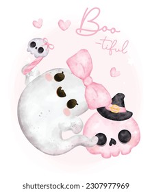 Cute Pink Ghost Halloween Cartoon Character Greeting Card, adorable hand-painted watercolor vector illustration.