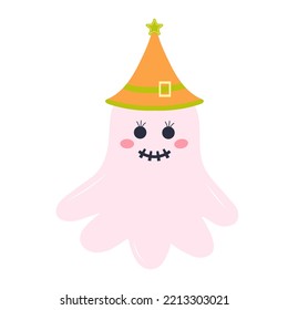 Cute pink ghost in a hat. Halloween character isolated on white background.