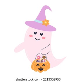 Cute pink ghost in a hat with pumpkin basket full of candies. Halloween character isolated on white background.