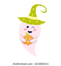 Cute pink ghost in a hat with a pumpkin. Halloween character isolated on white background.