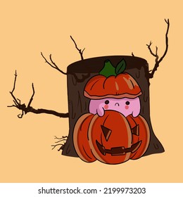 cute pink ghost hiding behind a tukva on a hemp background illustration