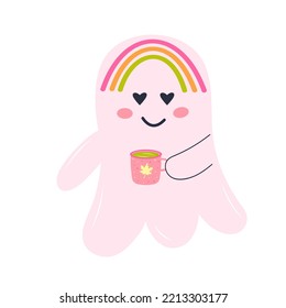 Cute pink ghost with a mug of tea and rainbow. Halloween character isolated on white background.