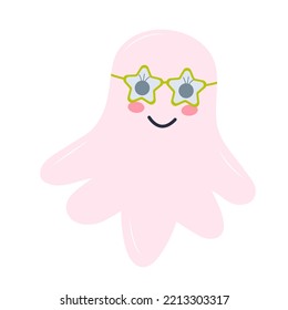 Cute pink ghost in a star shaped glasses. Halloween character isolated on white background.
