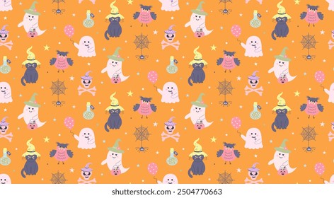 Cute pink ghosts, owl, cat, spider on web seamless pattern. Halloween baby characters. Magic scary spirits with different emotions. Vector cartoon illustration.