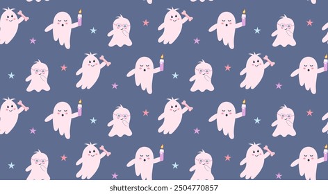 Cute pink ghosts seamless pattern. Halloween baby characters and stars print. Magic scary spirits with different emotions. Vector cartoon illustration.