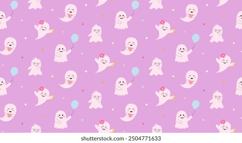 Cute pink ghosts seamless pattern. Halloween baby characters. Magic scary spirits with different emotions. Vector cartoon illustration.